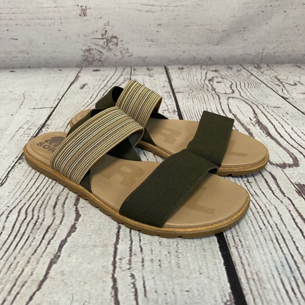 Sorel Ella II Strap Sandals‎ Womens 8 Green Beige Flat Sling Back Casual